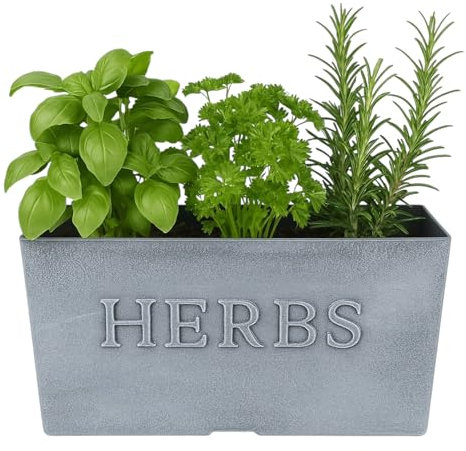 Herb Planter Window Boxes 11 Rustic Stone Look with Drainage Holes Indoor Outdoor Kitchen Garden Plant Pots Embossed HERBS Trough Plastic Vintage Style Grey Containers 5.2L Each – Pack of 2 (2)
