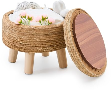 Cpintltr Storage Ottoman Poufs Handwoven Footstool Natural Seagrass Round Footrest Stool with 4 Wood Legs Soft Padded Outdoor Seat for Hallway Lounge Bedroom Garden