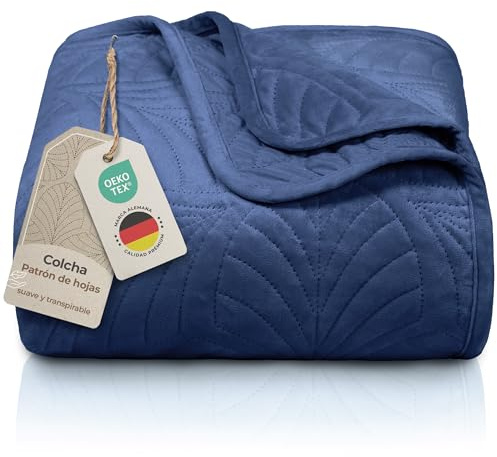 Gräfenstayn copriletto trapuntato matrimoniale 200x220 cm estivo in poliestere – certificato OEKO‑TEX, antigualcitura, decor foglia – elegante coperta letto & sofà (blu)