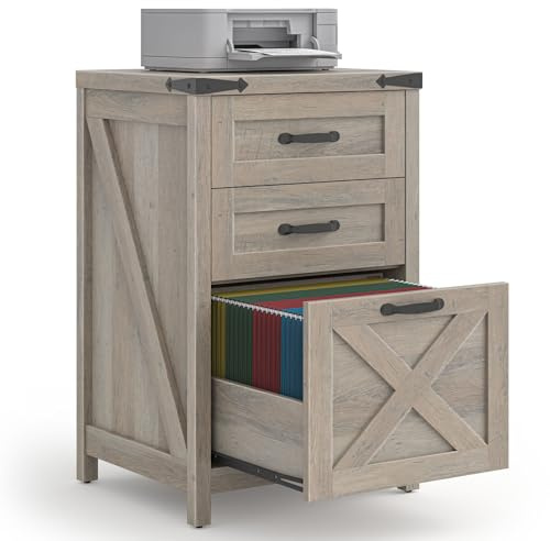 Halitaa 3 Drawer Small File Cabinet, Farmhouse Vertical Filing Cabinet Fits Letter and A4 Size, Under Desk Wooden File Cabinets for Home Office, Printer Stand, Grey