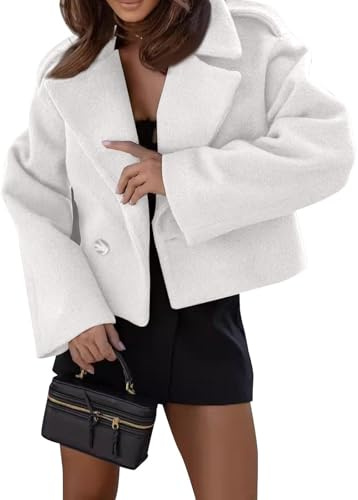 Generisk kort tweed-jacka långärmad revers trenchcoat rock casual blazer elegant parkas rock höst vinter ytterkläder kort kappa dam, Vit, M