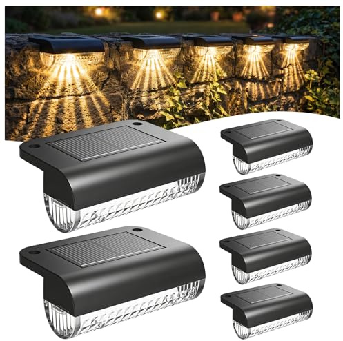 Bigzom Luces Solares LED Exterior Jardín 6 Unidades, Aplique Solar IP65 Impermeable para Valla, Lámparas Solares para Terraza, Muro Bajo, Escaleras – Blanco Cálido