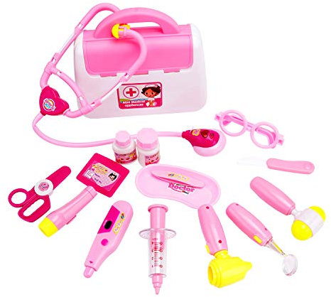 Scoolr Kids Doctor Kit with Electronic Stethoscope, 16pcs Pretend Doctor Role Play Medical Toys Set in Pink Durable Case for 3-5 Years Old Girls