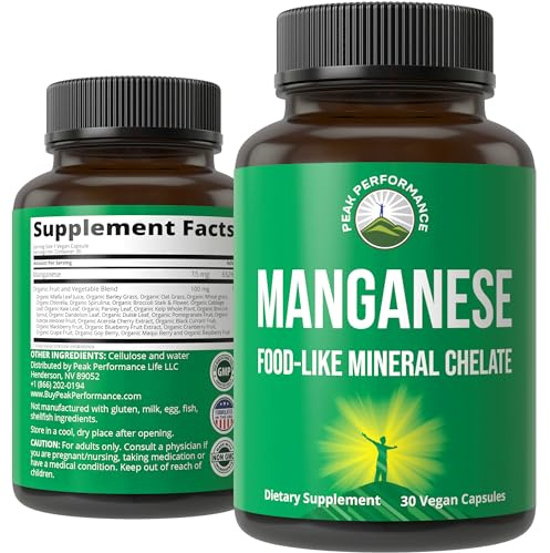 Manganese Supplement Food Like Mineral Chelated for Superior Absorption with Whole Food Blend of 25+ Fruits & Vegetables. Pure Trace Mineral Capsules for Connective Tissue, Bone Health, Enzyme Support