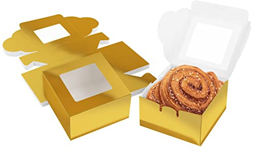 BELLE VOUS Gold Paper Kraft Single Bakery Pastry Boxes with Windows (50 Pack) - 10.16 x 10.16 x 5.7cm/ 4 x 4 x 2.24 inches - Disposable Packaging Boxes for Cookies, Cup Cakes, Desserts, Pies & Gifts