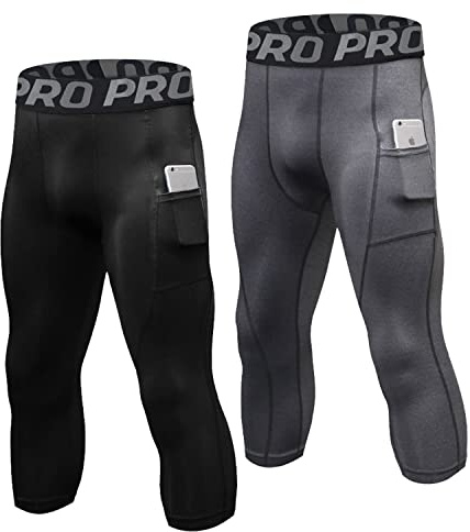 LNFINTDO Paquete de 2 leggings de compresión 3/4 para hombre, pantalones de capa base, pantalones de senderismo, gimnasio, entrenamiento, trotar, Negro y gris., M