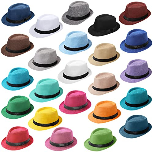 Lasnten 24 Pcs Fedora Style Hat Bulk Men 1920s Gangster Short Brim Panama Cap Women Party Costume, Circumference 60 cm(Colorful)