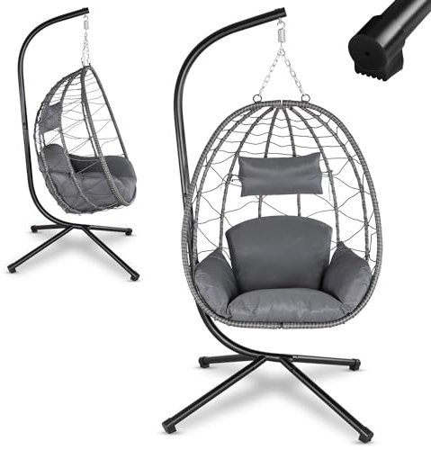 Juskys Hängesessel Aria mit Gestell höhenverstellbar, faltbar & ergonomisch - Outdoor & Indoor - bis 130 kg - Polyrattan Korbhängesessel inkl. Kissen - Grau