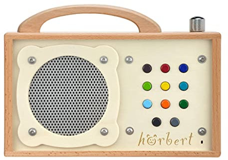 hörbert Musikbox für Kinder. Vorbespielt mit internationalen Inhalten. Aus Holz mit 9 Playlists. Mit Mikrofon, Internet-Radio, Bluetooth-Lautsprecher, Sleep-Timer und wiederbespielbarer SD-Card.