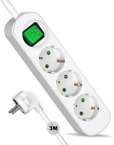 Maiyle 3 Fach Steckdose, Verlängerungskabel 3m, Mehrfachsteckdose mit Schalter, hitzebeständig, steckdosen kindersicherung, weiß