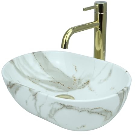 GTM Design Aufsatzwaschbecken Glanz Set mit Waschtischbatterie und Stopfen - Aufsatzwaschbecken Oval für Badezimmer - Waschbecken mit Armature - Modern Waschbecken ohne Hahnloch - Modell 4