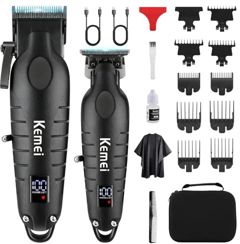 KEMEI Professionelle Haarschneidemaschinen für Männer, Schnurloser Kompletter Barber Clipper T-Klingen Trimmer Set, Elektrisches Haarschneiden Full Kit mit 9 Führungskamm, LED-Anzeige
