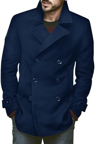 Runcati Uomo Cappotto Classico Doppiopetto Slim Fit Giacca Invernale Casuale Lunga Giacca Calda Business Trenchcoat, Blu scuro, M