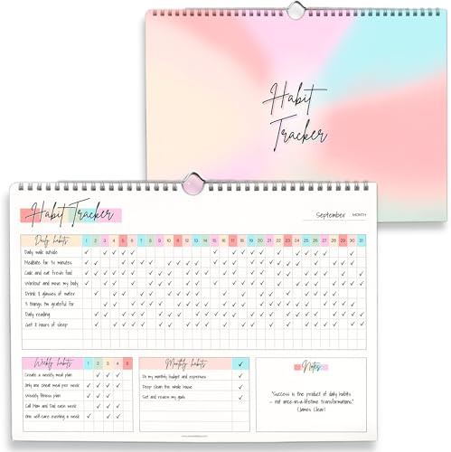 Calendrier de suivi des habitudes – Suivi des habitudes et des objectifs quotidiens, hebdomadaire et mensuel, planificateur à spirale avec design coloré, papier de qualité supérieure 250 g/m² | A5