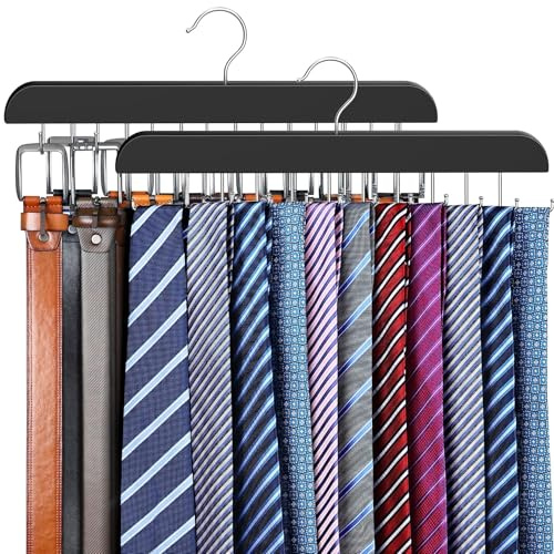 2 Pack Tie Rack & Belt Hanger 2 in 1 Tie Hanger Space Saving Max 42 Belts& 60 Ties Capacity for Closet Organizers and Storage, Sturdy Wood Belt & Tie Collection Organizer