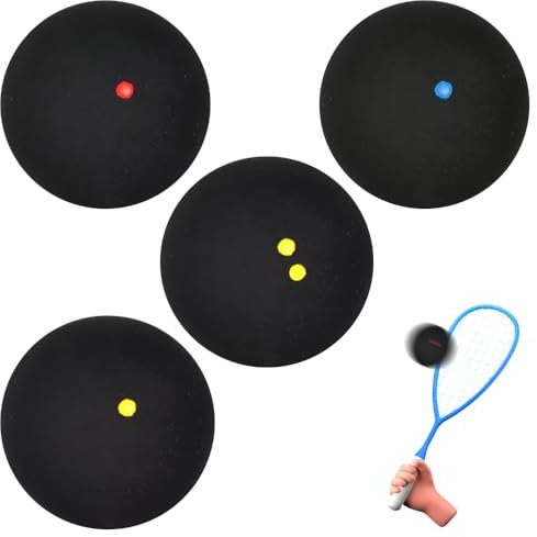 SKIKHN Squash Bälle 4er-Set, Gummi Squashbälle, High Bounce Squash Ball, Doppelgelb-Punkte, Einzelne-Gelbe-Punkte, Einzelne Rote-Punkte, Einzelne Blaue-Punkte für Anfänger, Wettbewerb und Training