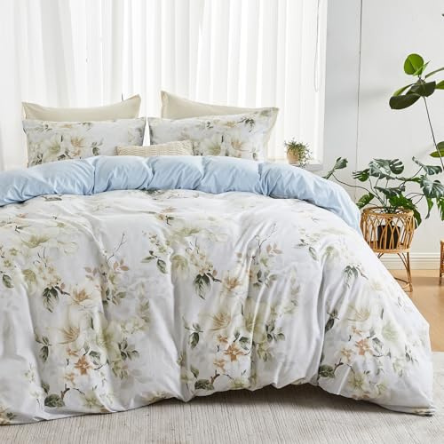 Qucover Juego de funda de edredón con estampado floral, tamaño King, 220 x 240 cm, elegante ropa de cama de microfibra ligera, 3 piezas, funda de edredón tamaño King con fundas de almohada, cremallera