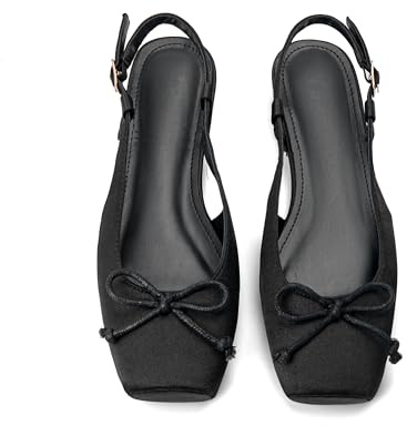 Lhamo Latso Black Flats for Women Ballerina Closed Square Toe Slip on Bowknot Flats Ballet Slingbacks Dressy Flat Shoes Satin 8