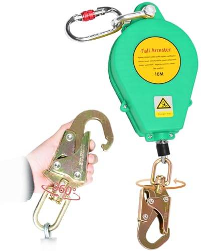 BOVDC Dispositivo Anticaduta Retrattile Certificato 10m, Imbracatura di Sicurezza Anticaduta Tetto 150 kg, Corda di Sicurezza Anticaduta Retrattile Tetto con 360° Gancio Autobloccante(Verde,10m)