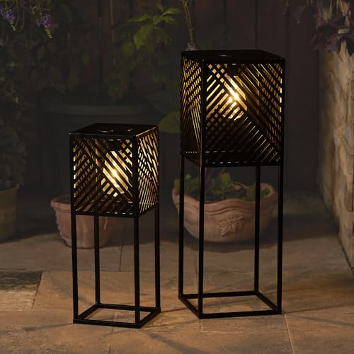 Glitzhome Outdoor Solar Powered Floor Lamp Set of 2 Modern Outdoor Decor Lanterns with Edison Bulbs Waterproof Solar Light Planter Stands for Patio Pool Lawn Porch Garden