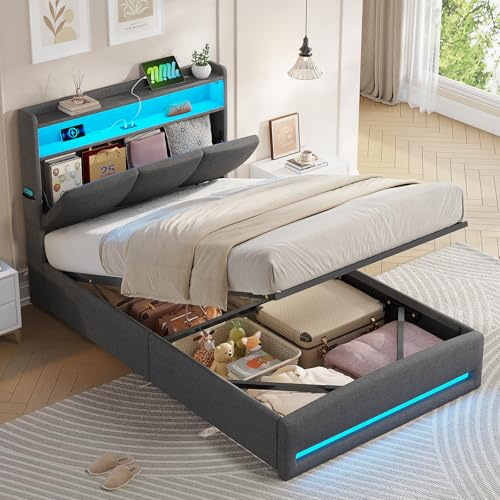 AOGLLATI Polsterbett 90×200 mit Steckdosen und LED-Beleuchtung, Doppelbett mit Stauraum Kopfteil, Bett 90×200 mit Hydraulische Stauraum und Lattenrost aus Holz, Linen, Dunkelgrau（Ohne Matratze）