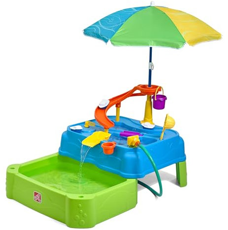 Step2 Waterpark Wonders Two-Tier water table | Water toy for kids with 2 levels and 9 accessories | Includes paddling pool, slide with overflow tray, drawbridge & spray head
