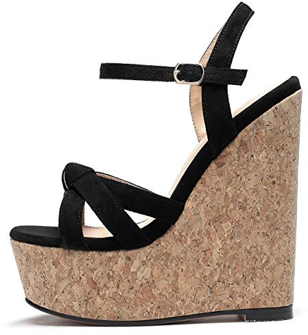 Mettesally Femme Escarpins Bride Cheville Sexy Compensées Plateforme Bout Ouvert Chaussures Club Soiree, Noir-Suède EU37