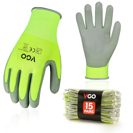 Vgo... 15Pairs Safety Work Gloves,Gardening Gloves,Polyurethane Coated,Dipping Gloves,Latex Free(Size L,Fluorescent Yellow,PU2103)
