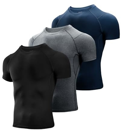Niksa 3 Pack Compression Tops for Men Short Sleeve Mens Running Top Mesh Design Quick Dry Base Layer Top for Gym Sports Fitness Workout Cycling,Training, Black/Gray/Navy,M