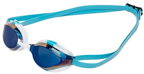Arena Python Racing Lunettes de natation pour homme et femme, protection UV, antibuée, double sangle, lentille miroir, bleu miroir/ciel blanc