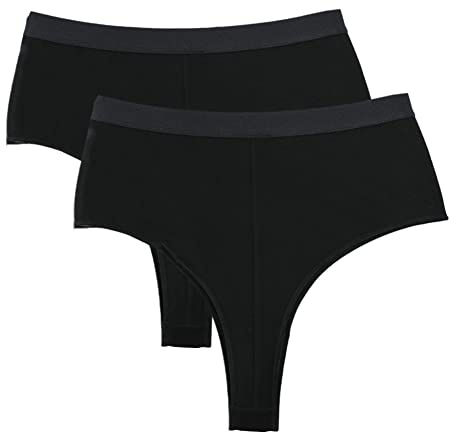Serecofo Lot de 2 Strings Taille Haute Ceinture Large Tangas Slips Style Bikini pour Femme en Coton Peigné Lingerie Féminine sous-Vêtement Grande Taille Culotte Slip Brésilien Thong (XL, 2 Noir)