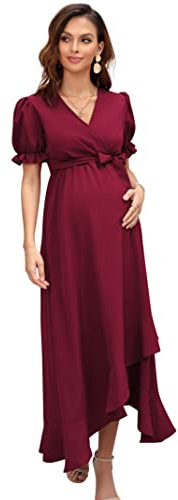KOJOOIN Robe De Maternité pour Femme Robe d'allaitement À Col en V Robe De Maternité À Manches Courtes avec Volants Robe Florale Fleurs Bordeaux (Manches Courtes) XL