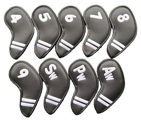 Golf Eisen Schlägerhauben, 9 Teiliges Set, Leder, Bunt, mit Zahlen Bestickt, Schlägerhüllen 4–9 Aw, Sw, Pw Golf Zubehör,Black-B