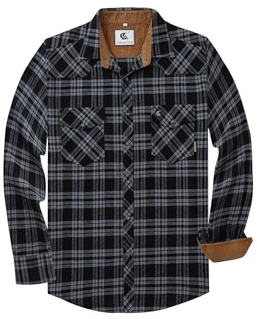 Dctop Chemise Flanelle Homme à Manches Longues, Style bûcheron à Carreaux, Boutons Pression, en Coton avec Poche, Coupe régulière décontractée(Noir/Gris 9# L)