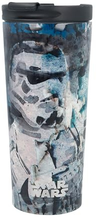 Elbenwald Star Wars Termosmugg - 425 ml - Kaffe-To-Go-mugg av rostfritt stål med skruvlock och låsbar dricköppning (höjd 19 cm) - Vit/Blå med Stormtrooper-motiv