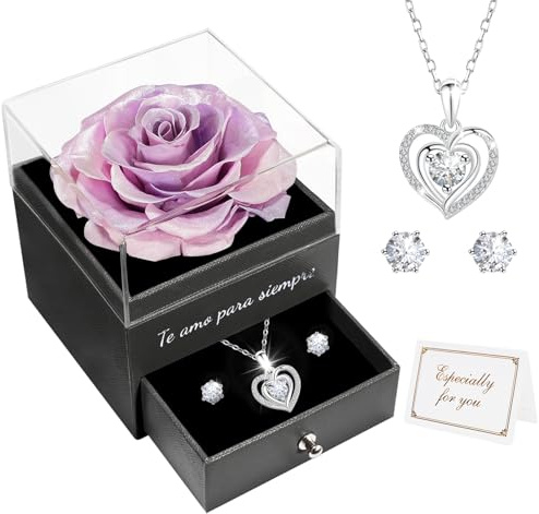 Miofula Rosa Eterna Regalos Originales para Mujer,Flores Preservadas Caja de Regalo con Collar y Aretes,Regalo Aniversario Pareja,Regalo Mujer Cumpleaños,Regalo Mama Novia Dia de la Madre San Valentin