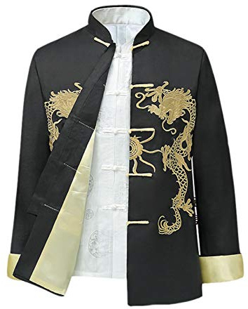 Chinesischer Stil Tai Chi Shirt Kung Fu Tops Tang-Anzug Herren Langarm Drachen bestickte Jacke Mantel Outwear, Schwarz , XXXL