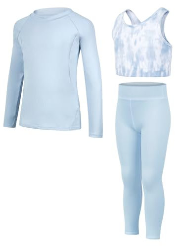 JiAmy Girls Yoga Leggings Top Set Girls Tracksuit 3PCS Kids Sport Clothes Activewear Tranning Bras Set for 11-12 Years Blue