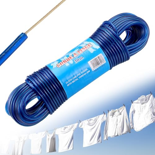 Filo per Stendere il Bucato da Esterno, 30m Cavo Stendibiancheria per Esterno, Corda per Stendere i Panni Esterno, 4 mm Extra Forte, Resistente Alla Ruggine e Alla Corrosione, Capacità 120 KG (Blu)