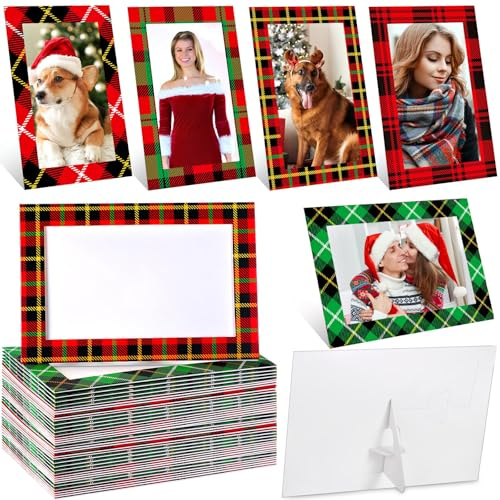 Qunclay 100 Pcs Christmas Picture Frame Ornaments 4x6 Paper Photo Frames Bulk with Stand Cardboard Tabletop Picture Frames Ornament for DIY Crafts Xmas Tree Hanging Decor (Red,Green,Plaid Style)