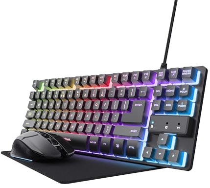 Trust GXT 1794 Ensemble Clavier Gaming AZERTY FR avec Souris et Tapis, Pack LED 3 en 1, Souris sans Fil Rechargeable pour Gamer 80h d'Autonomie, Clavier TKL Lumineux USB pour PC, Bureau, Noir