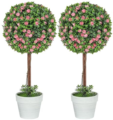 HOMCOM Set of 2 Decorative Artificial Plants, Ball Topiary Tree with Rose Flower in Pot, Fake Plants for Home Indoor Outdoor Decor, 60cm, Pink