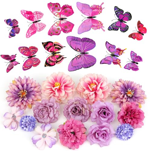 MWOOT 26 Pezzi Teste di Fiori Artificiali 3D Farfalle, Fiori Finti Piccoli per Decorazioni, Rose Garofano Finte per Fai da te Corona Torta Bouquet Da Sposa Matrimonio Festa Casa Giardino(Viola)