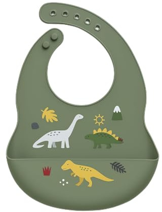 Elite Family Essentials Bavoir en silicone imperméable et réglable pour bébés et tout-petits, motif dinosaure, vert olive, Taille Unique