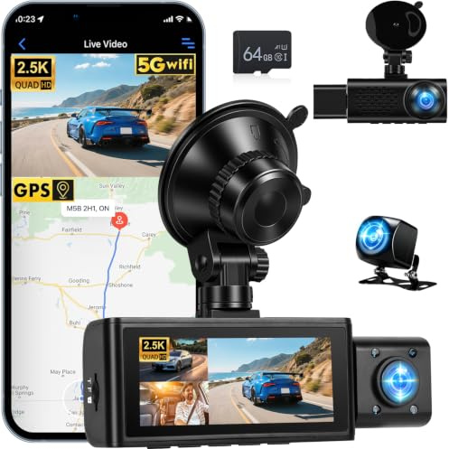 NHOPEEW 360° 2,5K Dash Cam med främre kamera, interiör och bak, WiFi GPS Videobandspelare bil, nattsyn, loop inspelning, G-Sensor, 64 GB