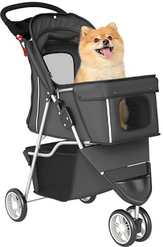 PawHut Carrito para Perros Plegable, Cochecito para Perros Pequeños con Cesta de Almacenaje, Ventanas de Malla, Portavasos y Ruedas, Carga 10 kg, 77x44x102 cm, Gris Oscuro
