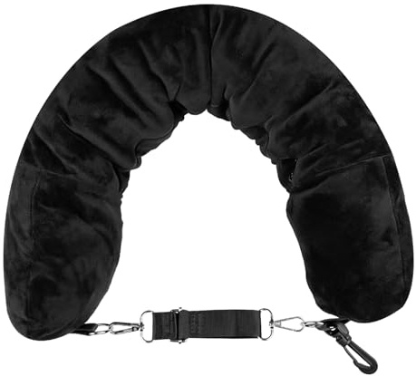Chiluxendo Almohada de Viaje, Almohada Avion con Bandolera Ajustable Desmontable, Cojin Cuello, Rellenable Ropa en Forma de U para Viajar en Coche o Vuelo(Negro)