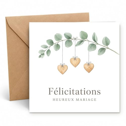 Edition Seidel Premium Carte de mariage carrée avec enveloppe. Carte de mariage Heureux Mariage en français pour couple amour cœurs élégant (HQ257 SW026)