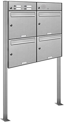 AL Briefkastensysteme 4er Edelstahl Standbriefkasten mit Klingel rostfrei als 4 Fach Briefkastenanlage in Postkasten Briefkasten Design modern