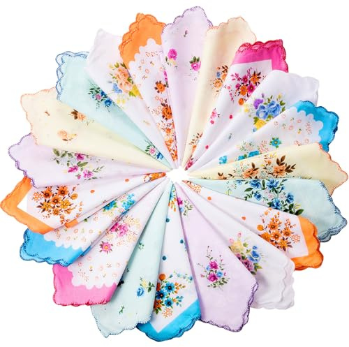 Zhanmai 20 Pack Handkerchiefs for Women Vintage Floral Soft Cotton Embroidered Ladies Handkerchief for Tea Party Favors(Style 1)